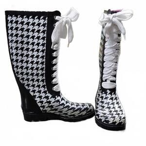 "Sugar" Sz.6  Black & White Rubber Houndstooth Cotton Lace-Up Rain Boots.14in👆